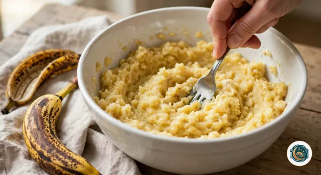 Main qui écrase à la fourchette des bananes très mûres en une purée jaune pâle et grumeleuse dans un grand saladier blanc, à côté d’une banane à la peau couverte de taches brunes et d’une peau vide sur un torchon en lin