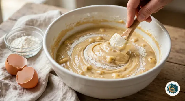 Main qui mélange à la spatule une pâte à cake épaisse et brillante, beige caramel, avec des petits morceaux de banane et quelques dernières traces de farine, dans un grand saladier blanc, à côté d’une coupelle de farine et de deux coquilles d’œuf vides