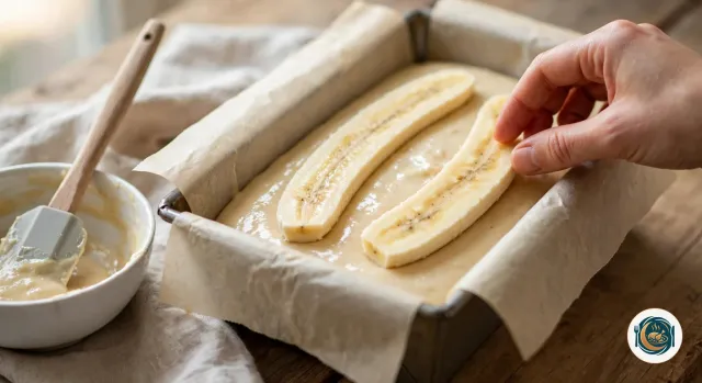 Main qui pose une moitié de banane coupée dans la longueur sur une pâte à cake crue, dans un moule à cake en métal tapissé de papier cuisson, à côté d’une première moitié déjà en place et d’un bol vide avec une spatule