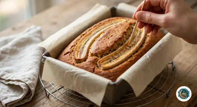 Main qui plante une pique en bois dans un banana bread cuit, bien gonflé et doré, craquelé sur le dessus et garni de deux moitiés de banane caramélisées, encore dans son moule tapissé de papier cuisson posé sur une grille ronde