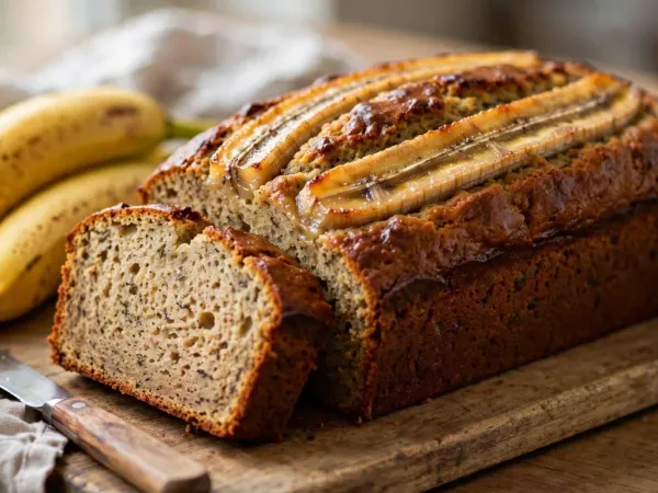 Banana bread doré à la croûte brune et caramélisée, garni de deux moitiés de banane cuites sur le dessus, posé sur une planche en bois avec deux tranches épaisses coupées qui montrent une mie moelleuse piquée de petits points de banane, à côté de deux bananes mûres tachetées, d’un couteau à manche en bois et d’un torchon en lin