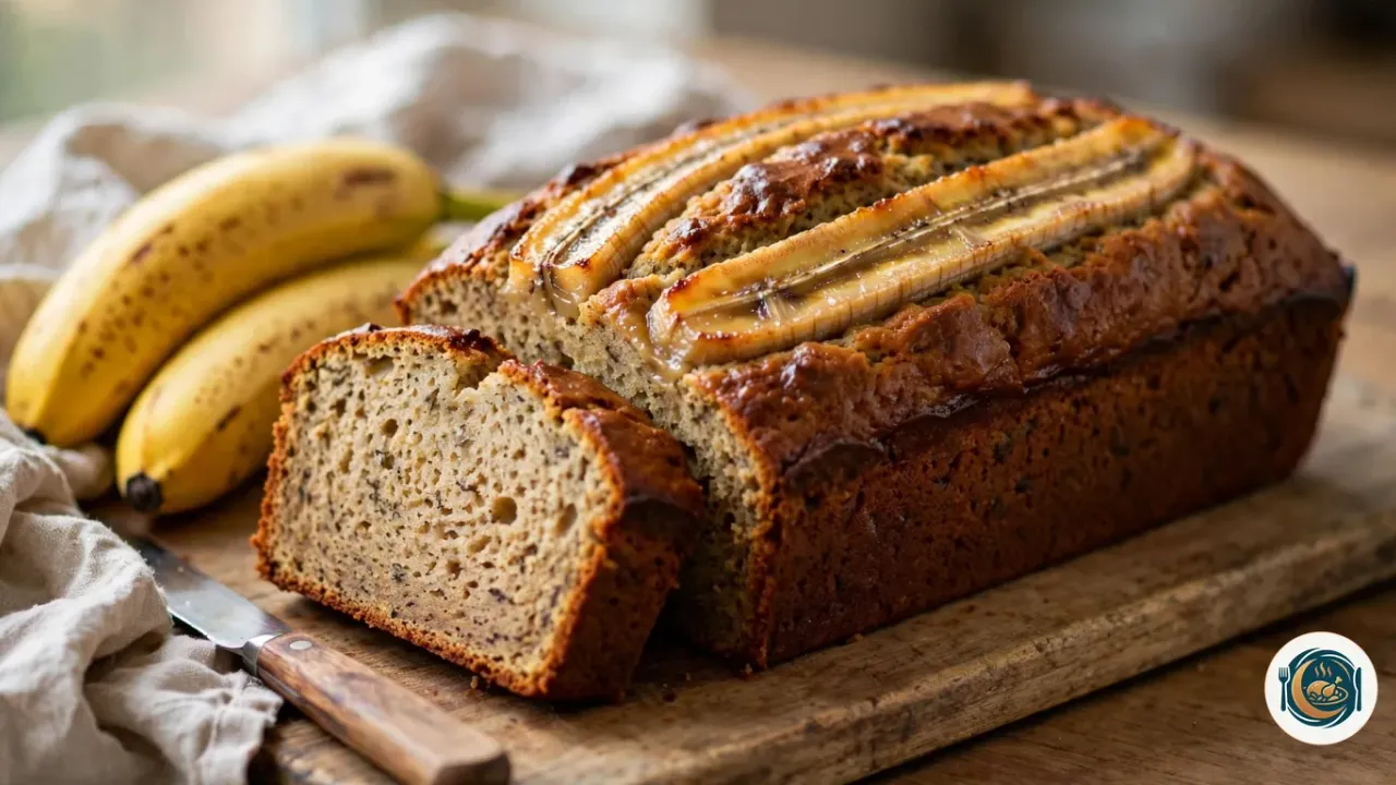 Banana bread doré à la croûte brune et caramélisée, garni de deux moitiés de banane cuites sur le dessus, posé sur une planche en bois avec deux tranches épaisses coupées qui montrent une mie moelleuse piquée de petits points de banane, à côté de deux bananes mûres tachetées, d’un couteau à manche en bois et d’un torchon en lin