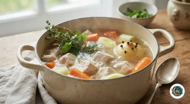 Morceaux de veau restés blancs qui frémissent dans un bouillon clair avec des tronçons de carotte, un blanc de poireau, un oignon piqué de clous de girofle et un bouquet garni, dans une cocotte en fonte