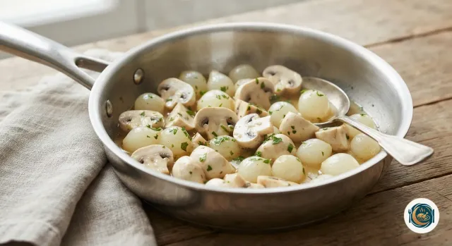 Petits oignons grelots et champignons de Paris coupés en quartiers, restés blancs et brillants, parsemés de persil, dans une sauteuse en inox avec un peu de bouillon