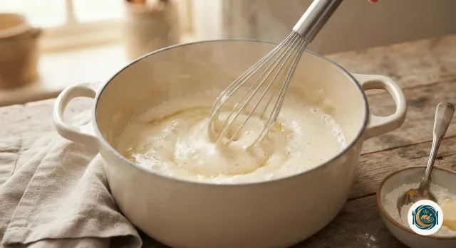Roux blanc de beurre et de farine, pâle et mousseux, remué au fouet dans une cocotte à feu doux
