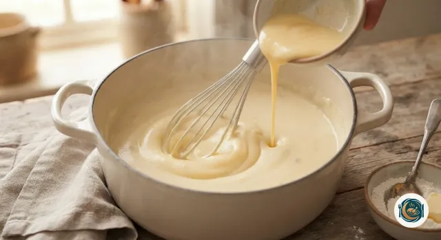 Mélange de crème fraîche et de jaunes d’œufs versé d’un bol dans une sauce blanche lisse, remuée au fouet dans une cocotte