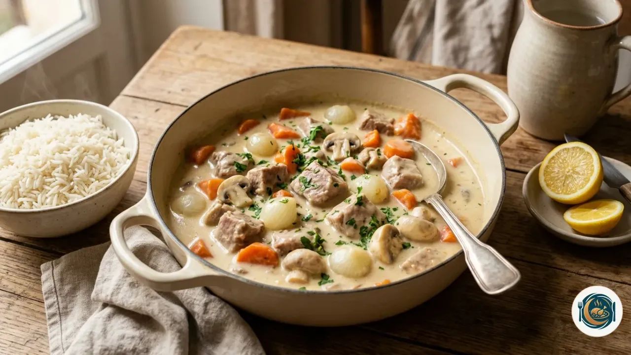 Blanquette de veau dans une cocotte en fonte émaillée blanche, les morceaux de veau nappés d’une sauce ivoire avec des carottes, des champignons de Paris et des petits oignons, à côté d’un bol de riz blanc et d’un citron coupé