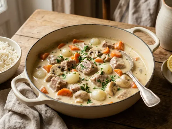 Blanquette de veau dans une cocotte en fonte émaillée blanche, les morceaux de veau nappés d’une sauce ivoire avec des carottes, des champignons de Paris et des petits oignons, à côté d’un bol de riz blanc et d’un citron coupé