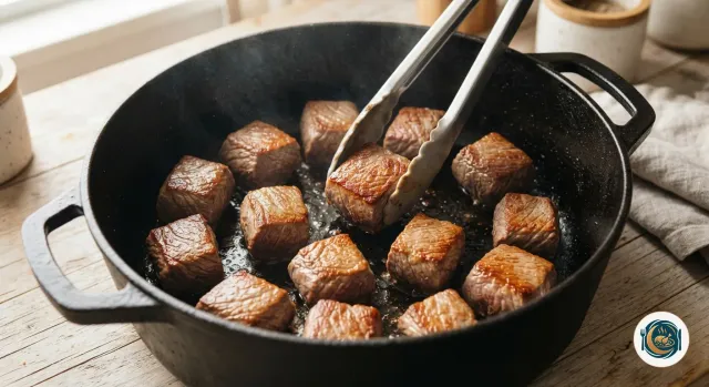 Gros cubes de bœuf bien dorés dans une cocotte en fonte noire, espacés les uns des autres, avec une pince de cuisine