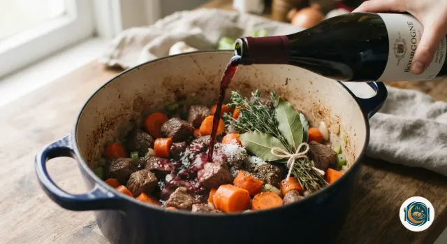 Vin rouge versé d’une bouteille sur la viande et les carottes dans une cocotte, avec un bouquet garni de thym et de laurier