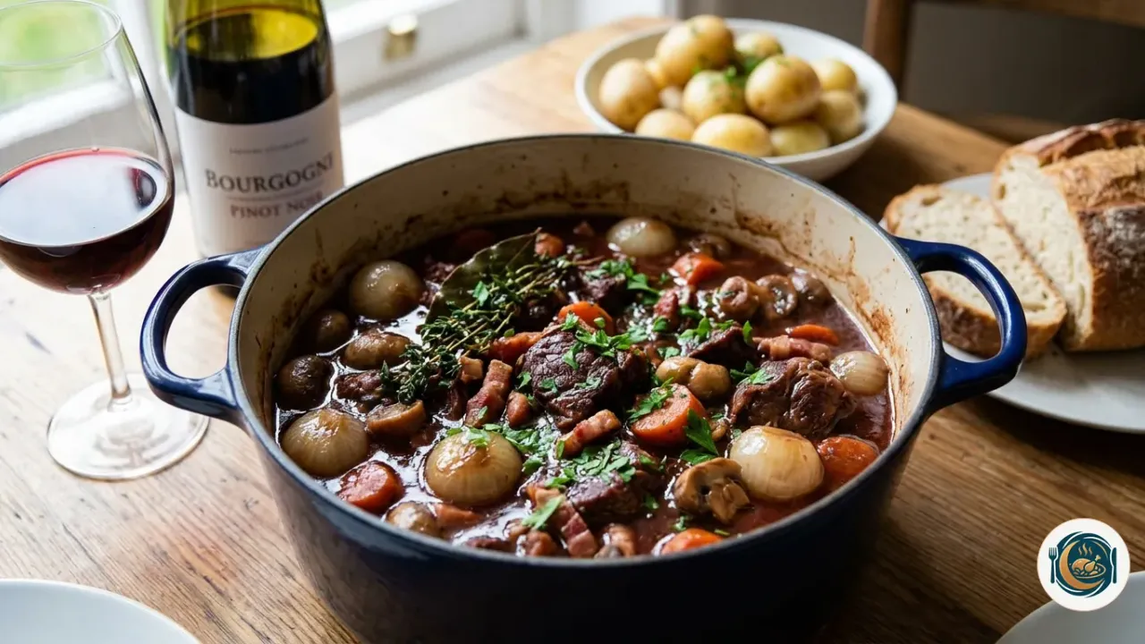 Bœuf bourguignon dans une cocotte en fonte émaillée bleue, avec sa sauce au vin rouge, des lardons, des carottes, des champignons, des petits oignons, du thym et du persil, à côté d’un bol de pommes de terre vapeur, de pain de campagne et d’un verre de bourgogne rouge