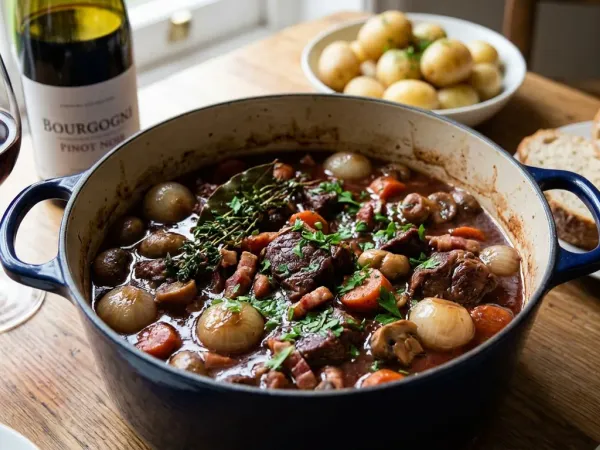 Bœuf bourguignon dans une cocotte en fonte émaillée bleue, avec sa sauce au vin rouge, des lardons, des carottes, des champignons, des petits oignons, du thym et du persil, à côté d’un bol de pommes de terre vapeur, de pain de campagne et d’un verre de bourgogne rouge