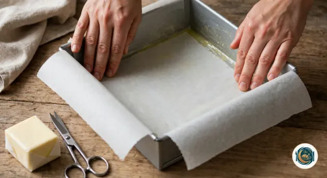 Mains qui pressent une feuille de papier cuisson au fond d’un moule carré en métal, le papier dépassant sur deux côtés, sur un plan de travail en bois à côté d’un morceau de beurre et d’une paire de ciseaux