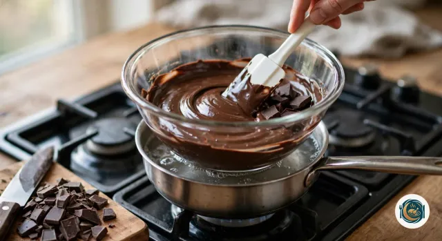 Spatule qui mélange du chocolat noir et du beurre fondus, lisses et brillants, dans un saladier en verre posé sur une casserole d’eau chaude, à côté d’une planche avec du chocolat haché et un couteau
