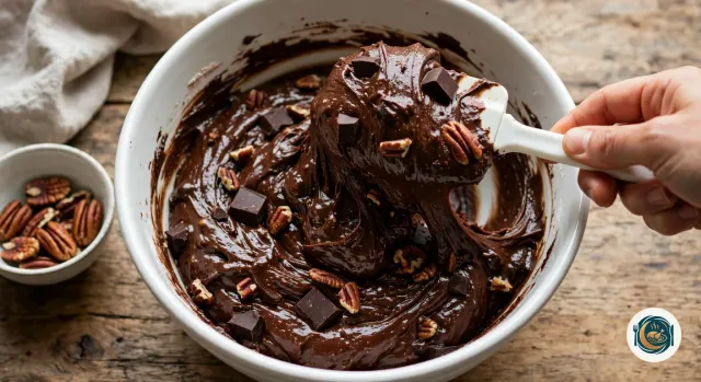 Spatule qui soulève une pâte à brownie très épaisse et brillante, d’un brun chocolat foncé, garnie de morceaux de noix de pécan et de chocolat haché, dans un grand saladier blanc