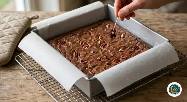 Brownie tout juste sorti du four dans son moule carré en métal garni de papier cuisson, posé sur une grille à côté d’une manique, au dessus craquelé et brillant parsemé de noix de pécan, avec une main qui montre un cure-dent auquel collent quelques miettes humides de chocolat