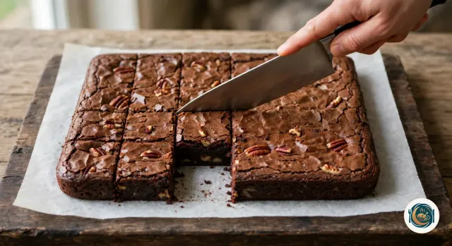 Main qui découpe au grand couteau un brownie au chocolat posé sur son papier cuisson, sur une planche en bois sombre : la moitié gauche est déjà coupée en carrés, dont un retiré qui montre l’intérieur dense et fondant aux noix de pécan, la moitié droite encore entière