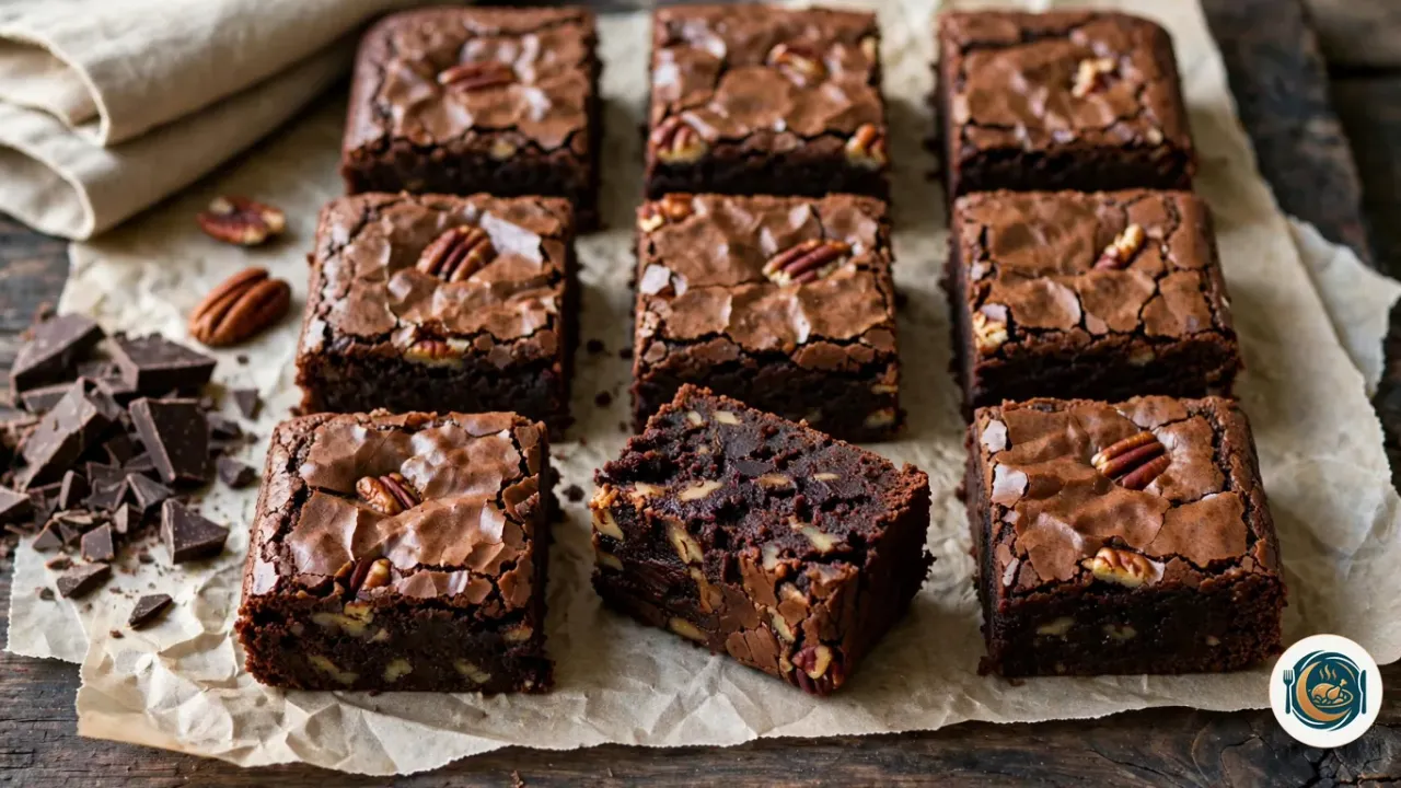 Neuf carrés de brownie au chocolat noir posés sur du papier cuisson froissé, sur une planche en bois sombre, au dessus craquelé et brillant garni de noix de pécan, celui du premier plan tourné pour montrer un intérieur dense et fondant plein de morceaux de noix de pécan, à côté de chocolat noir concassé, de quelques noix de pécan et d’une serviette en lin