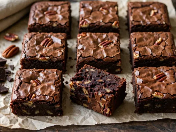 Neuf carrés de brownie au chocolat noir posés sur du papier cuisson froissé, sur une planche en bois sombre, au dessus craquelé et brillant garni de noix de pécan, celui du premier plan tourné pour montrer un intérieur dense et fondant plein de morceaux de noix de pécan, à côté de chocolat noir concassé, de quelques noix de pécan et d’une serviette en lin
