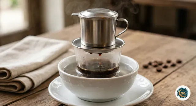 Phin en métal fermé par son couvercle, posé sur une petite tasse en verre elle-même placée dans un bol blanc d’eau chaude, où le café noir tombe goutte à goutte et couvre à peine le fond, sur une table en bois près d’une serviette en lin
