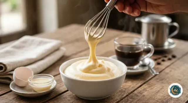 Main qui soulève un fouet d’une crème épaisse jaune pâle de jaune d’œuf et de lait concentré, qui retombe en ruban dans un bol blanc, à côté d’une coquille d’œuf vide et d’une coupelle de lait concentré sucré, une tasse de café et un phin en métal derrière, sur une table en bois