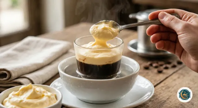 Main qui dépose à la cuillère une crème épaisse jaune pâle sur le café noir d’une petite tasse en verre posée dans un bol d’eau chaude, à côté d’un bol où reste de la crème, avec un phin en métal et des grains de café derrière, sur une table en bois