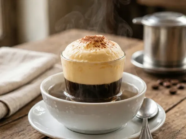 Petite tasse en verre de café à l’œuf, un café noir surmonté d’une épaisse crème jaune pâle en dôme, saupoudrée de cacao, posée dans un bol blanc d’eau chaude fumante sur une soucoupe avec une cuillère, un phin en métal et des grains de café derrière, sur une table en bois près d’une serviette en lin