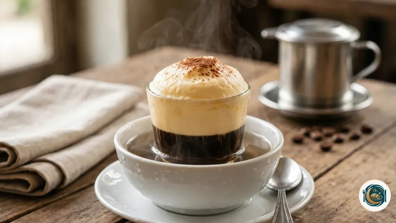 Petite tasse en verre de café à l’œuf, un café noir surmonté d’une épaisse crème jaune pâle en dôme, saupoudrée de cacao, posée dans un bol blanc d’eau chaude fumante sur une soucoupe avec une cuillère, un phin en métal et des grains de café derrière, sur une table en bois près d’une serviette en lin