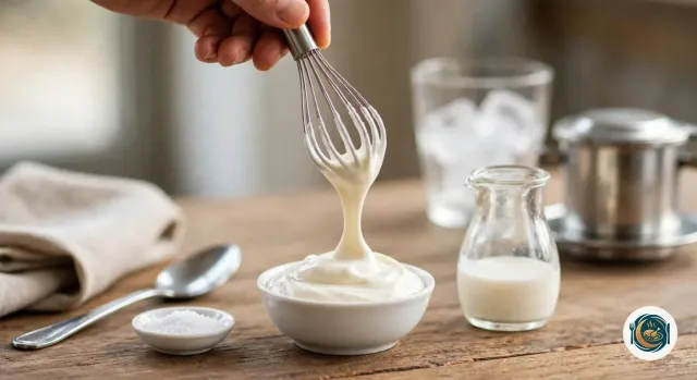 Main qui soulève un fouet d’une crème salée ivoire, épaisse mais encore coulante, qui retombe en ruban dans un petit bol blanc, à côté d’une coupelle de sel fin, d’un petit pot de crème liquide, d’un verre de glaçons et d’un phin en métal, sur une table en bois