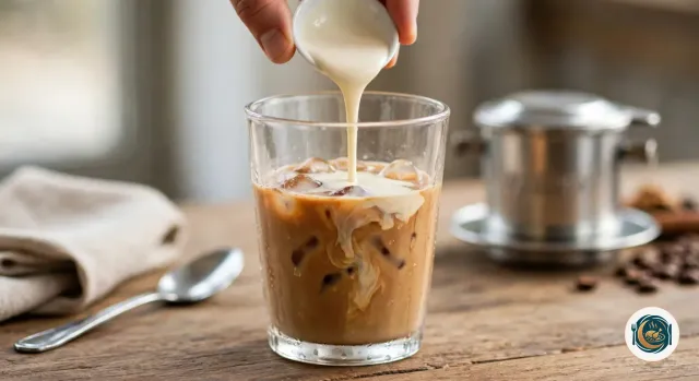 Main qui verse d’un petit bol blanc un filet de crème salée ivoire sur le café glacé couleur caramel d’un verre rempli de glaçons, où la crème commence à flotter en surface, avec un phin en métal et une cuillère autour, sur une table en bois près d’une serviette en lin