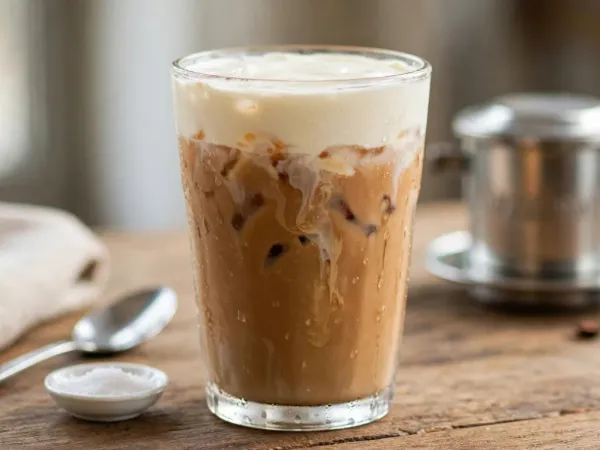 Grand verre de café au sel glacé, un café couleur caramel couvert d’une épaisse couche de crème salée ivoire qui s’y enfonce en filets, avec de la buée sur le verre, à côté d’une cuillère, d’une coupelle de sel fin et d’un phin en métal posé derrière, sur une table en bois près d’une serviette en lin