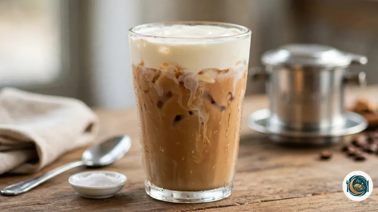 Grand verre de café au sel glacé, un café couleur caramel couvert d’une épaisse couche de crème salée ivoire qui s’y enfonce en filets, avec de la buée sur le verre, à côté d’une cuillère, d’une coupelle de sel fin et d’un phin en métal posé derrière, sur une table en bois près d’une serviette en lin