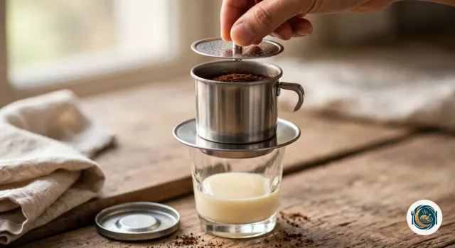 Phin en métal posé sur un petit verre au fond couvert de lait concentré sucré, sa chambre remplie de café moulu, et une main qui y descend le presse-filtre perforé tenu par sa tige, le couvercle posé sur une table en bois parsemée de mouture