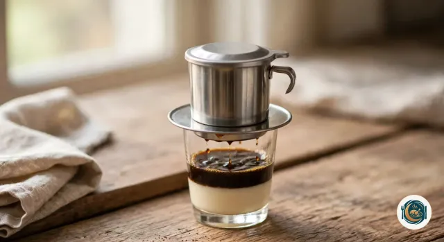 Phin fermé par son couvercle, posé sur un petit verre où le café presque noir tombe goutte à goutte et flotte en couche sombre sur le lait concentré sucré ivoire, sur une table en bois près d’une serviette en lin