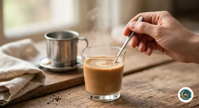 Main qui mélange à la cuillère un café vietnamien chaud couleur caramel dans un petit verre fumant, le phin posé derrière sur son couvercle retourné, sur une table en bois près d’une serviette en lin
