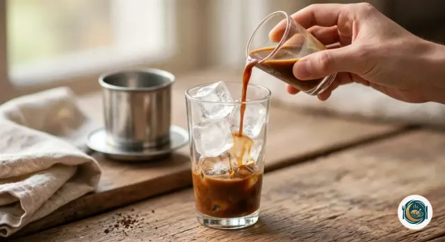 Main qui verse le café au lait concentré d’un petit verre sur les glaçons d’un grand verre, où le café remplit déjà le fond, le phin posé derrière sur son couvercle retourné, sur une table en bois