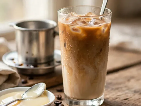Grand verre de café vietnamien glacé couleur caramel, rempli de glaçons, avec une longue cuillère et de la buée sur le verre, à côté d’un phin en métal posé sur son couvercle retourné, d’une coupelle blanche de lait concentré sucré avec sa cuillère et de quelques grains de café, sur une table en bois près d’une serviette en lin
