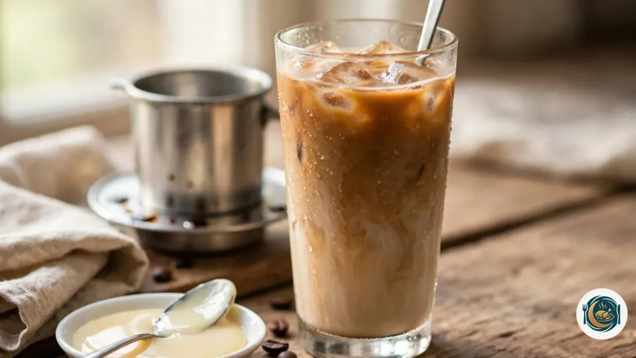 Grand verre de café vietnamien glacé couleur caramel, rempli de glaçons, avec une longue cuillère et de la buée sur le verre, à côté d’un phin en métal posé sur son couvercle retourné, d’une coupelle blanche de lait concentré sucré avec sa cuillère et de quelques grains de café, sur une table en bois près d’une serviette en lin