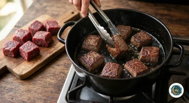 Main qui retourne avec une pince des cubes de bœuf bien bruns, saisis en une seule couche dans une cocotte en fonte noire posée sur le gaz, à côté d’une planche en bois couverte de cubes de bœuf cru