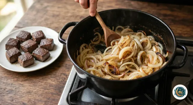 Main qui remue à la cuillère en bois des oignons émincés fondus et à peine dorés dans une cocotte en fonte noire, à côté d’une assiette de cubes de bœuf saisis et bien bruns