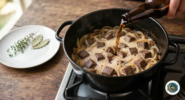 Main qui verse de la bière brune d’une bouteille sans étiquette dans une cocotte en fonte noire remplie de cubes de bœuf saisis et d’oignons fondus, la bière moussant légèrement, à côté d’une assiette avec du thym frais et deux feuilles de laurier