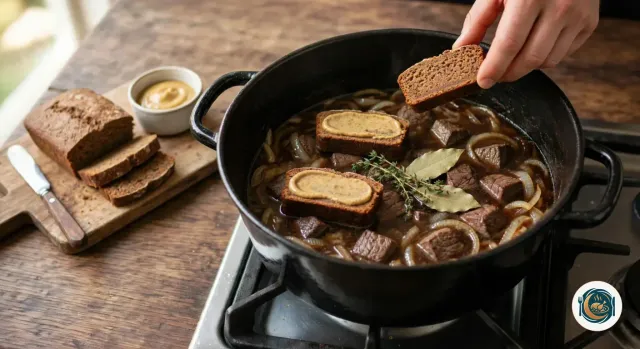 Main qui pose des tranches de pain d’épices tartinées de moutarde sur la carbonade, dans une cocotte en fonte noire remplie de bœuf, d’oignons et de bière, avec un brin de thym et deux feuilles de laurier, à côté d’une planche avec le reste du pain d’épices et d’un pot de moutarde