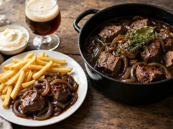 Cocotte en fonte noire remplie de carbonade flamande, de gros morceaux de bœuf braisé dans une sauce brune et brillante aux oignons fondus, avec du thym et une feuille de laurier, à côté d’une assiette de carbonade servie avec des frites dorées, d’un bol de mayonnaise et d’un verre à pied de bière brune, sur une table en bois sombre