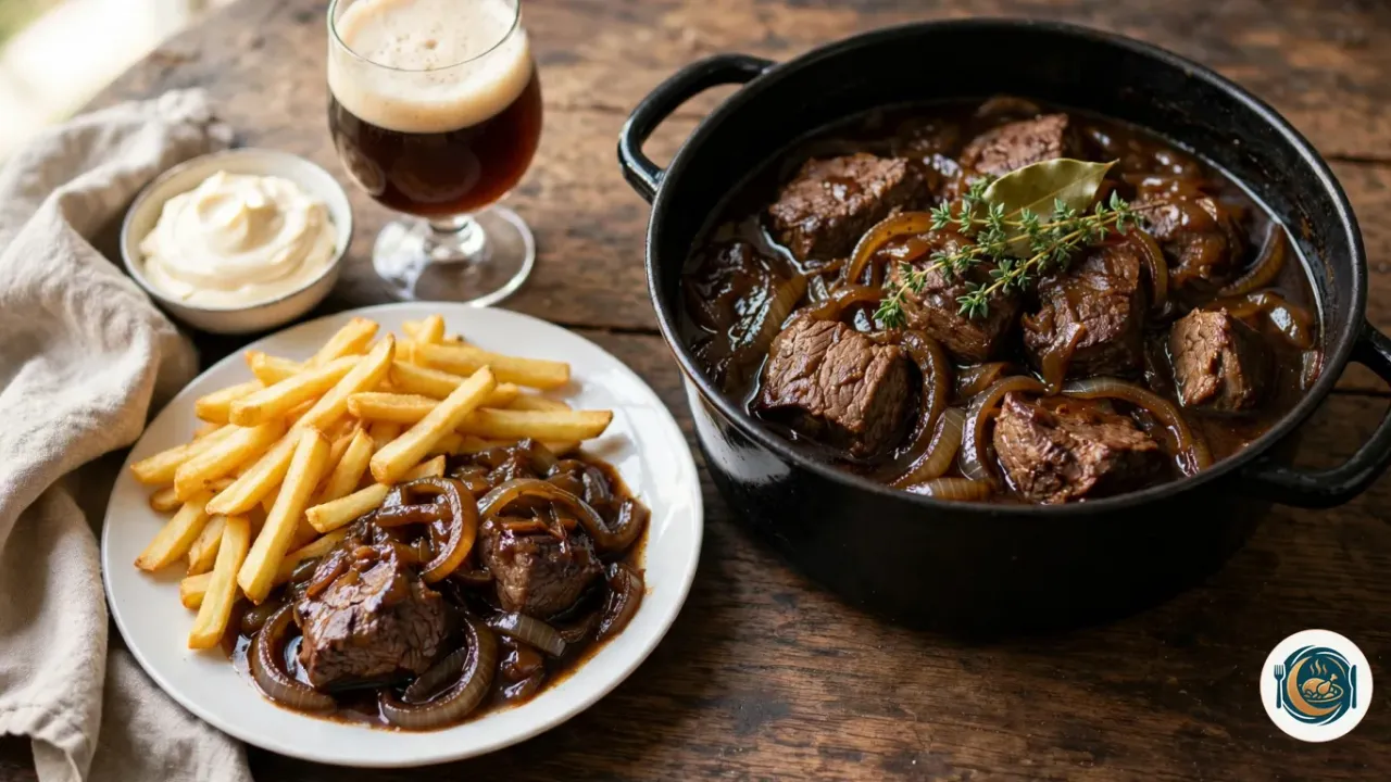 Cocotte en fonte noire remplie de carbonade flamande, de gros morceaux de bœuf braisé dans une sauce brune et brillante aux oignons fondus, avec du thym et une feuille de laurier, à côté d’une assiette de carbonade servie avec des frites dorées, d’un bol de mayonnaise et d’un verre à pied de bière brune, sur une table en bois sombre