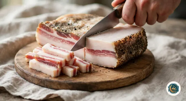 Main qui coupe au couteau un gros morceau de guanciale à la croûte poivrée, posé sur une planche ronde en bois, avec un tas de bâtonnets épais déjà taillés au premier plan, sur un linge en lin