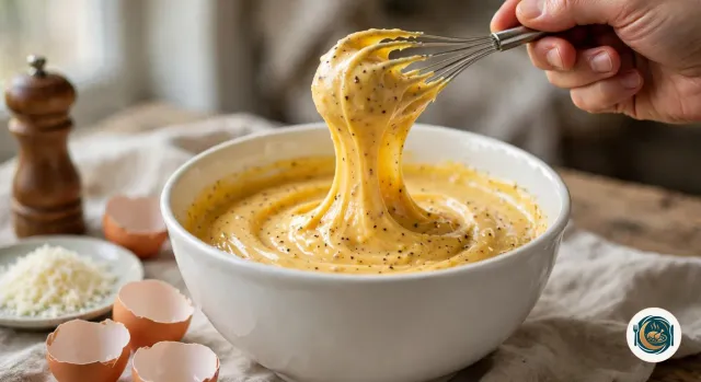 Main qui soulève au fouet un ruban de crème épaisse et jaune, faite de jaunes d’œufs et de pecorino et piquée de poivre noir, au-dessus d’un bol blanc, à côté de coquilles d’œufs vides, d’une coupelle de fromage râpé et d’un moulin à poivre en bois