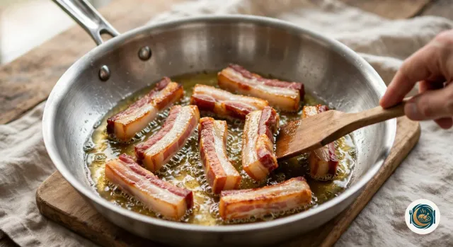 Bâtonnets de guanciale dorés qui grésillent dans leur gras fondu, au fond d’une grande poêle en inox, remués par une main avec une spatule en bois