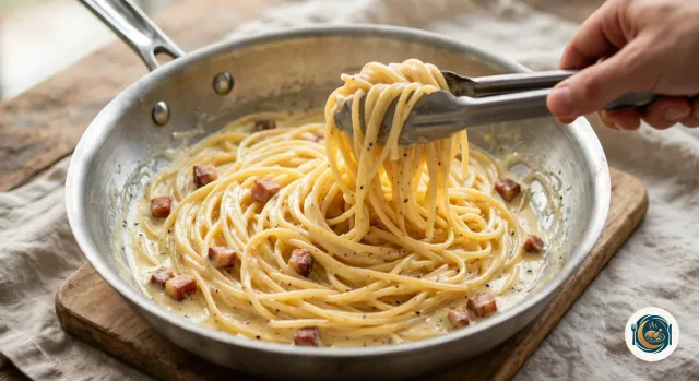 Main qui soulève à la pince des spaghettis nappés d’une sauce crémeuse jaune pâle, au-dessus d’une grande poêle en inox où les pâtes sont mêlées à des dés de guanciale dorés et à du poivre noir
