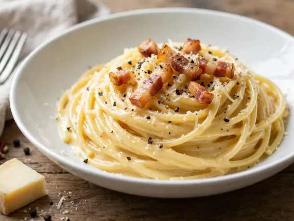 Spaghettis à la carbonara dressés en nid dans une assiette creuse blanche, nappés d’une sauce crémeuse jaune pâle, garnis de bâtonnets de guanciale dorés, de pecorino râpé et de poivre noir concassé, à côté d’un morceau de pecorino, de grains de poivre et d’une fourchette posée sur une serviette en lin