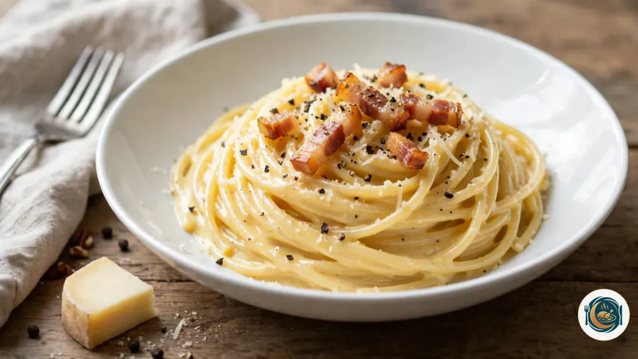 Spaghettis à la carbonara dressés en nid dans une assiette creuse blanche, nappés d’une sauce crémeuse jaune pâle, garnis de bâtonnets de guanciale dorés, de pecorino râpé et de poivre noir concassé, à côté d’un morceau de pecorino, de grains de poivre et d’une fourchette posée sur une serviette en lin